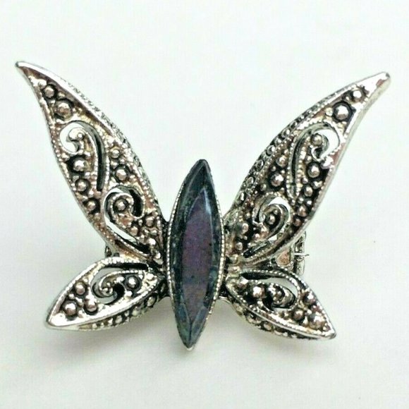 Jewelry - Vintage Silver Tone Filagree Butterfly Brooch with Black Glass Body